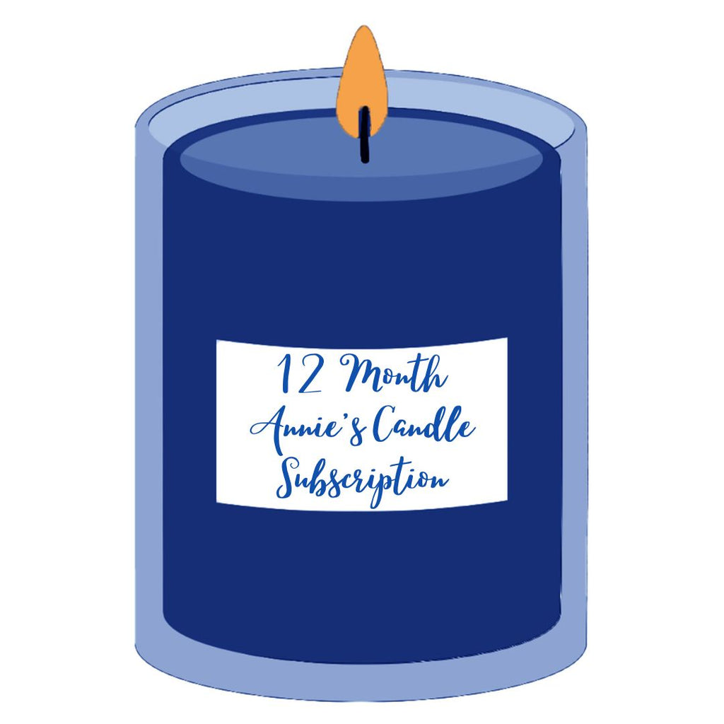 Illustration of a blue candle with a white label that says "12 month annie's candle subscription".