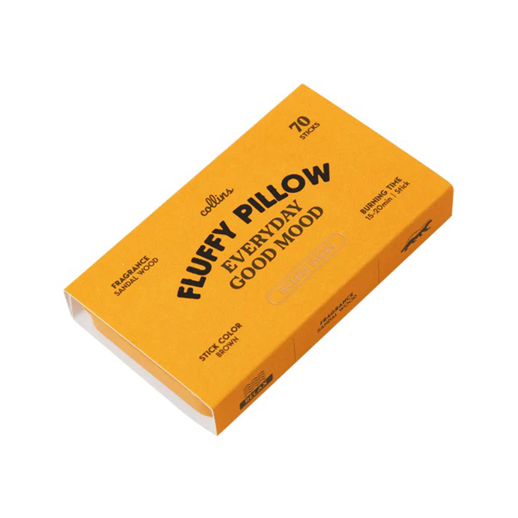 Ameico Collins Fluffy Pillow sandalwood scented incense sticks in yellow tin packaging with yellow outer sleeve.