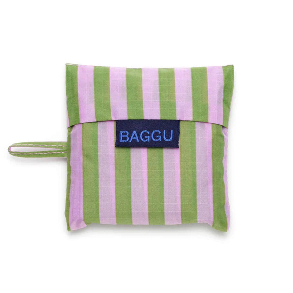 Baggu baby size eco-friendly recycled ripstop nylon reusable tote bag in Avocado Candy Stripe pattern, in matching pouch.