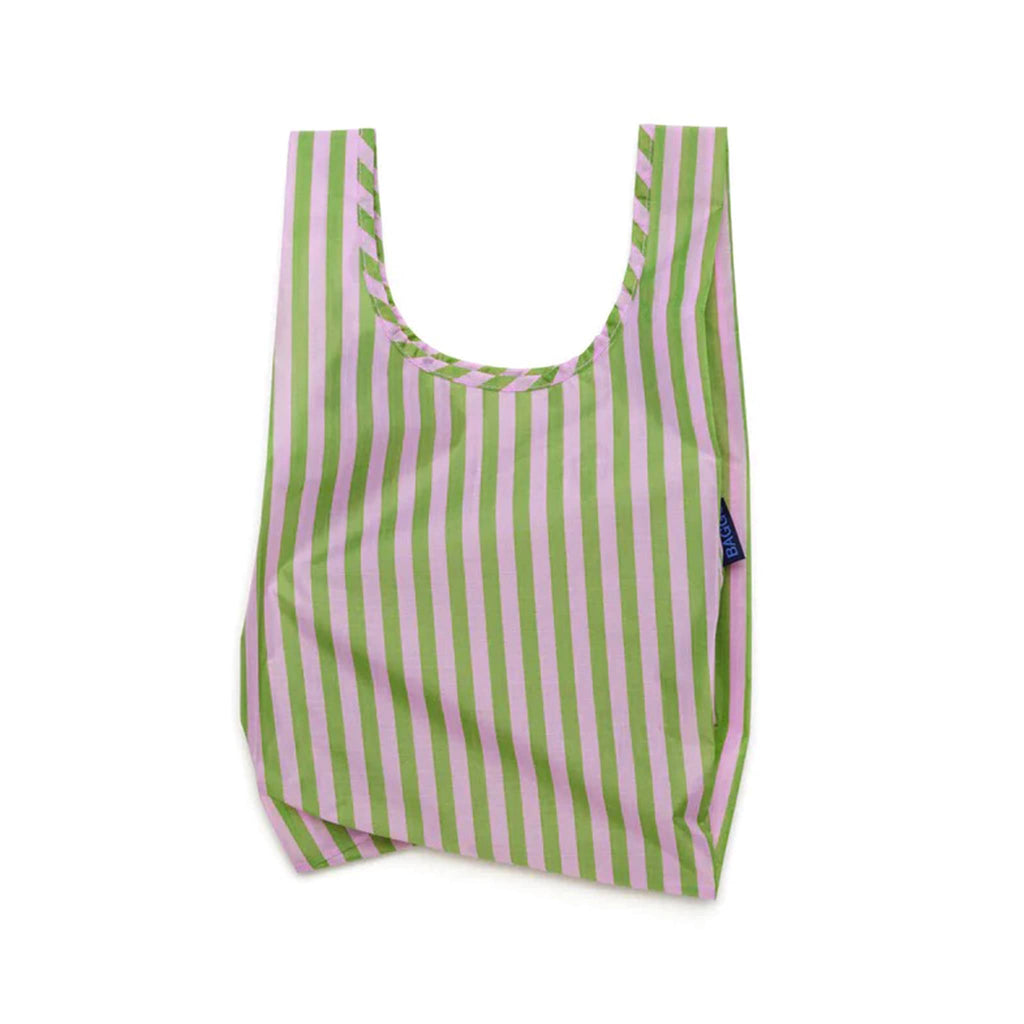Baggu baby size eco-friendly recycled ripstop nylon reusable tote bag in Avocado Candy Stripe pattern, unfolded.