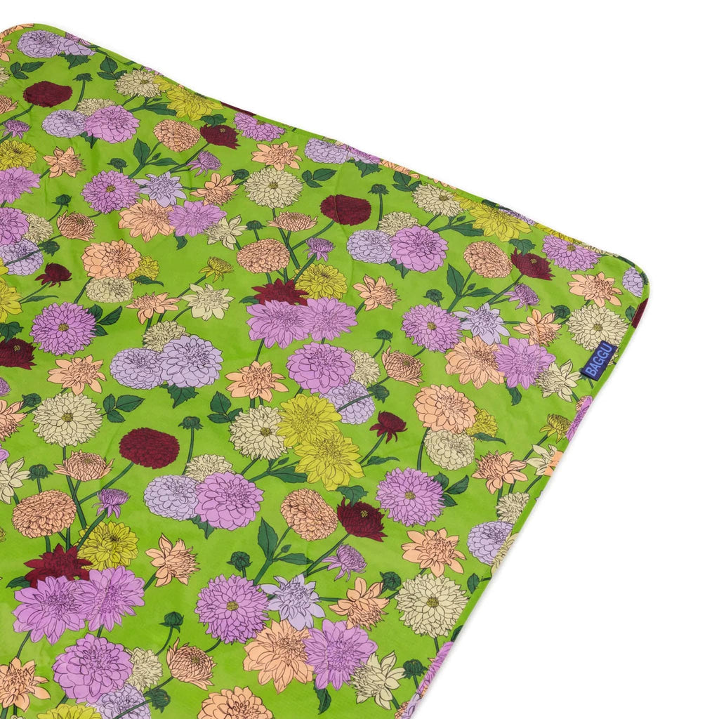 Baggu dahlia puffy recycled ripstop nylon and polyester picnic blanket, flat with corner detail.