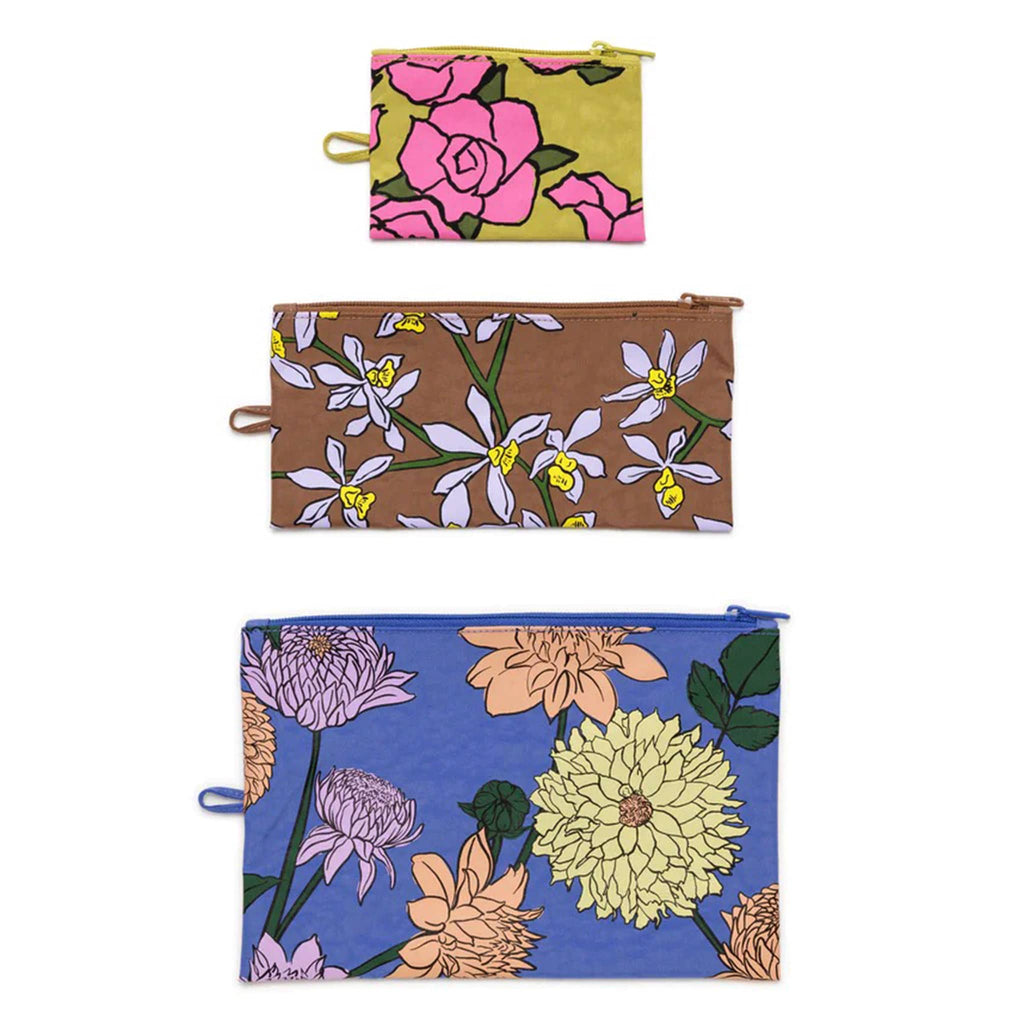 Baggu recycled ripstop nylon flat zipper pouches, set of 3 in assorted sizes with prints from the Garden Flowers collection.
