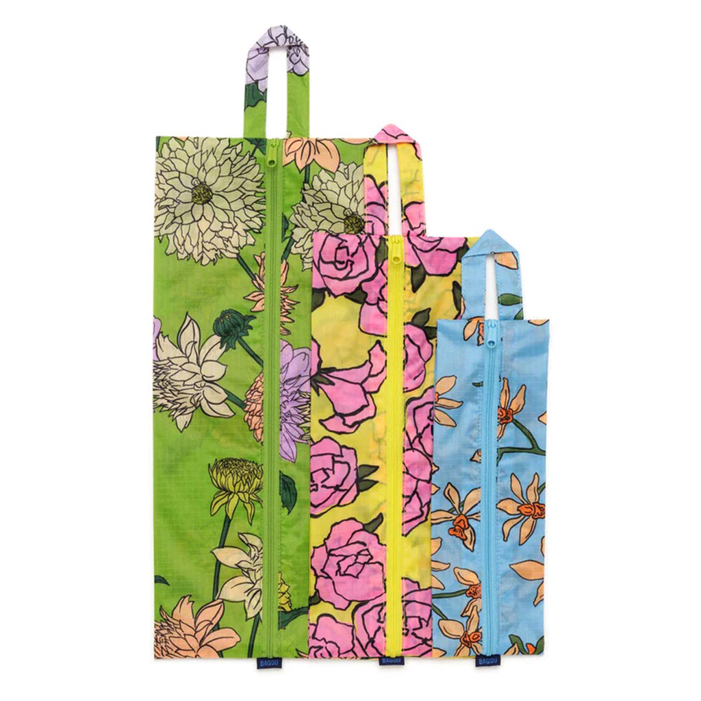 Baggu reusable recycled ripstop nylon 3D zip bags, set of 3 in Garden Flowers prints, flat.