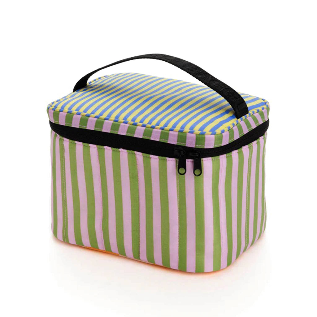 Baggu Insulated Puffy Lunch Bag with pink, green, yellow and blue stripes with black zipper and handle, front angle view.