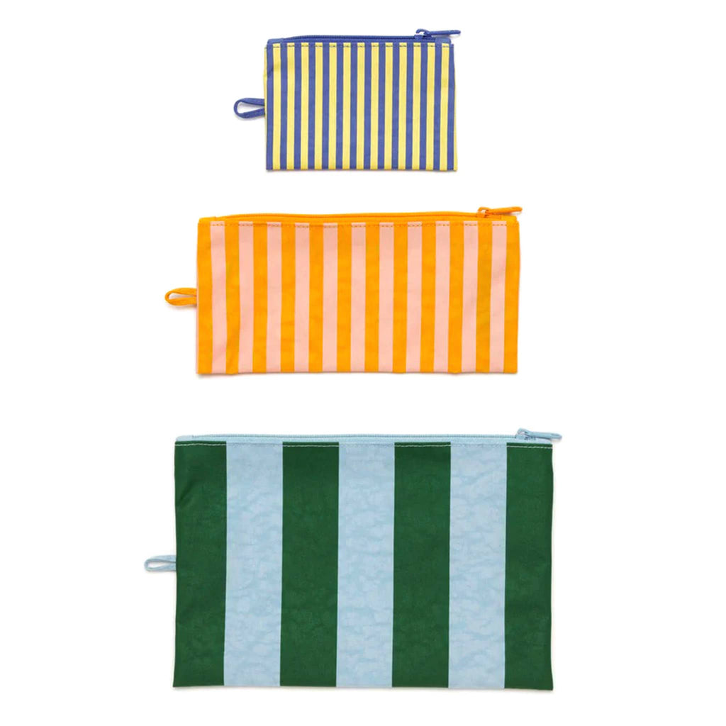 Baggu recycled ripstop nylon flat zipper pouches, set of 3 in assorted sizes with prints from the Hotel Stripes collection.