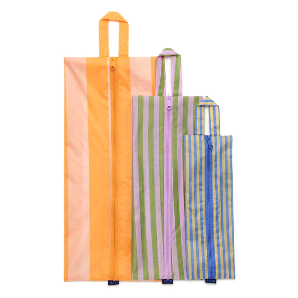 Baggu reusable recycled ripstop nylon 3D zip bags, set of 3 in Hotel Stripe prints, flat.