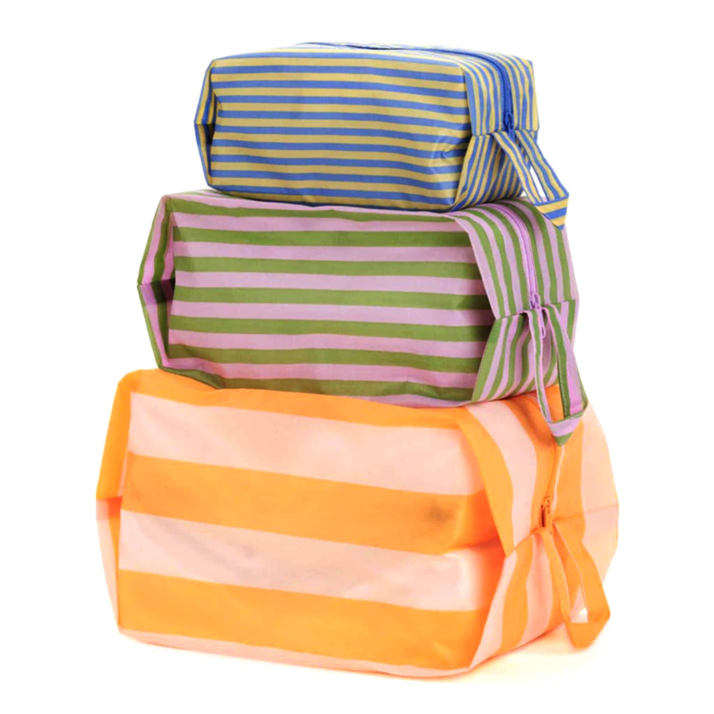 Baggu reusable recycled ripstop nylon 3D zip bags, set of 3 in Hotel Stripe prints, stuffed and stacked.