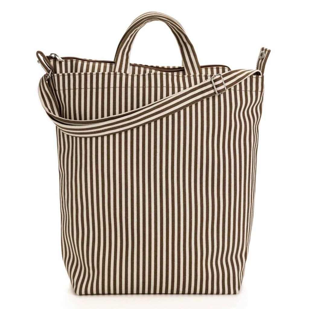 Baggu recycled cotton canvas duck bag tote with zip top closure in brown and cream stripes, front view.