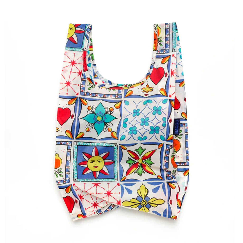 Baggu baby size eco-friendly recycled ripstop nylon reusable tote bag with Sunshine Tile pattern, unfolded.