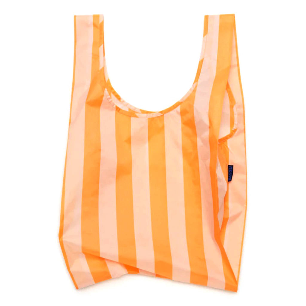 Baggu standard size eco-friendly recycled ripstop nylon reusable tote bag in Tangerine Wide Stripe, unfolded.