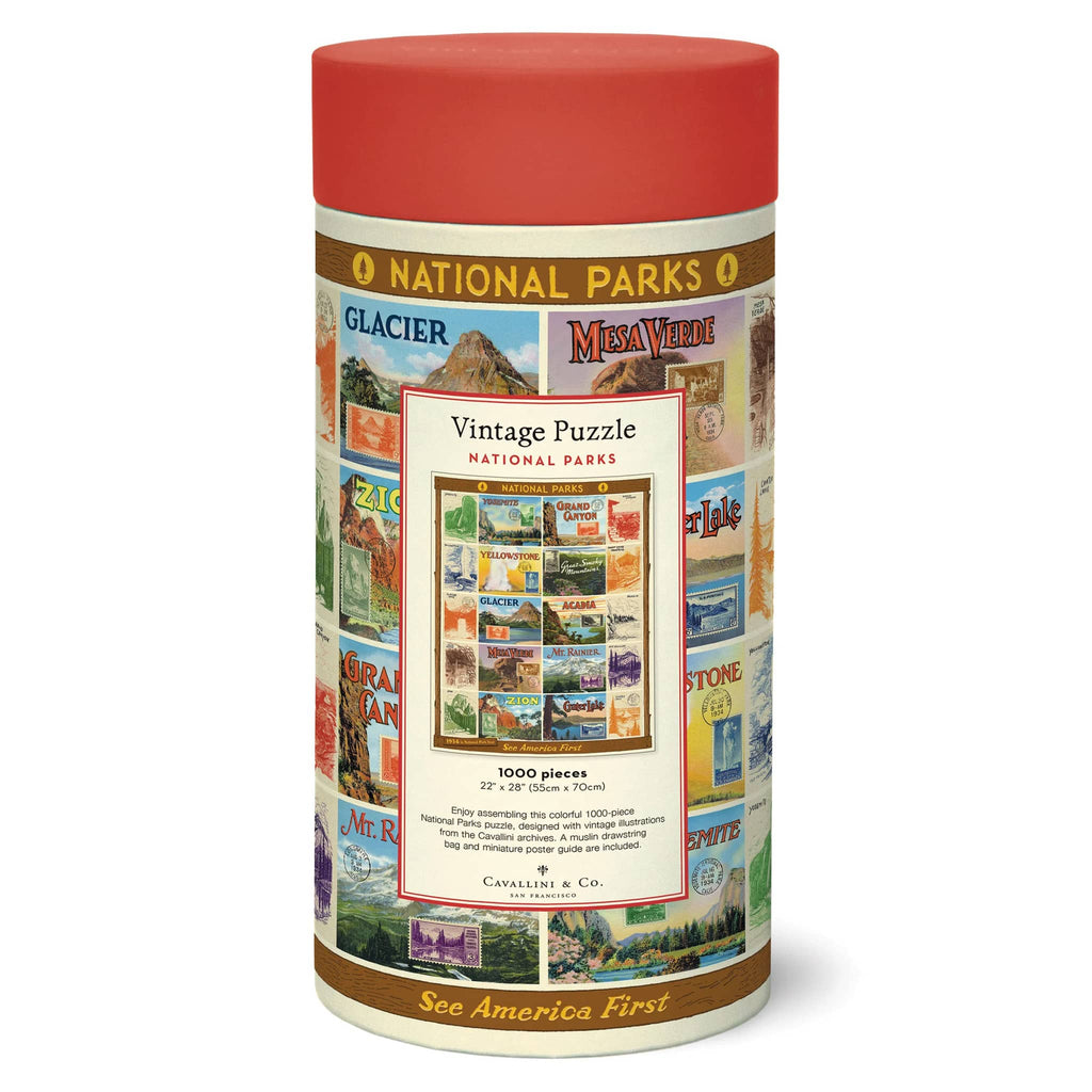 Cavallini & Co. 1000 piece National Parks vintage puzzle in tube packaging wrapped in puzzle image with a red cap, back view.