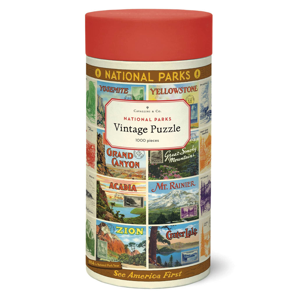 Cavallini & Co. 1000 piece National Parks vintage puzzle in tube packaging wrapped in puzzle image with a red cap, front view.