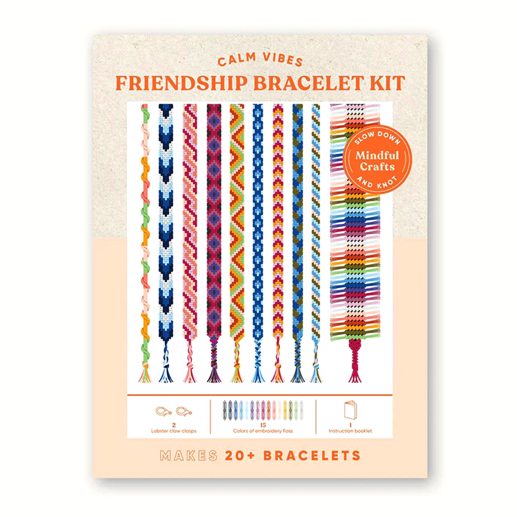 Front cover of the Chronicle Mindful Crafts Calm Vibes Friendship Bracelet Kit with sample bracelet patterns and contents list.
