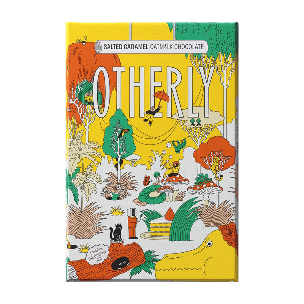 Otherly Salted Caramel Oat Milk Chocolate Bar in wrapper with an illustration of a jungle scene in yellow, orange and green tones.
