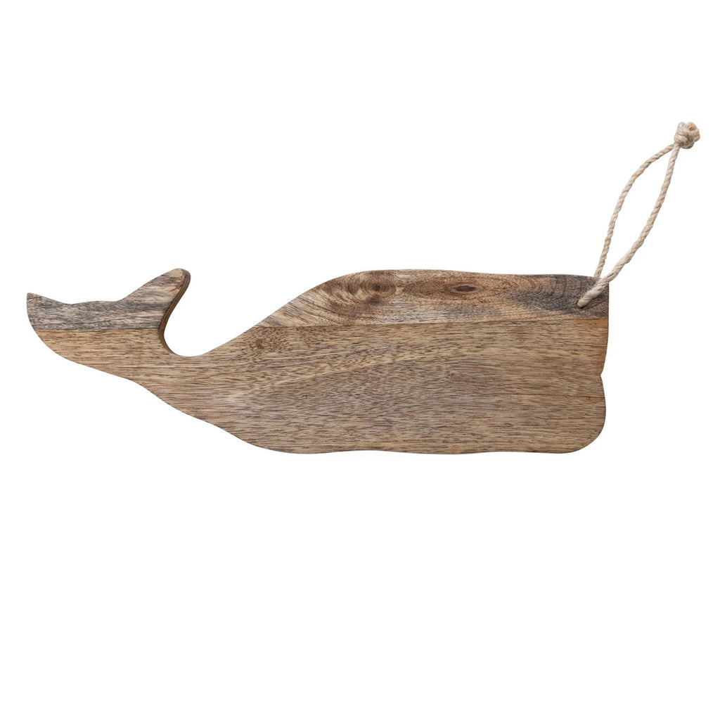 Creative Co-op Mango Wood Serving Board in the shape of a whale with natural jute tie loop for hanging.