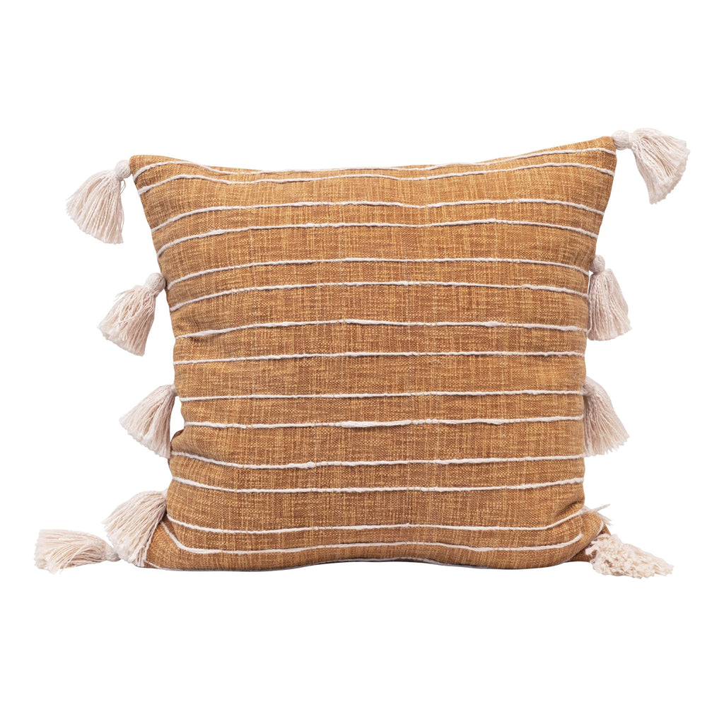 Creative Co-op Mustard Yellow Cotton Woven Decorative Throw Pillow with white applique stripes and white yarn tassels, front view.
