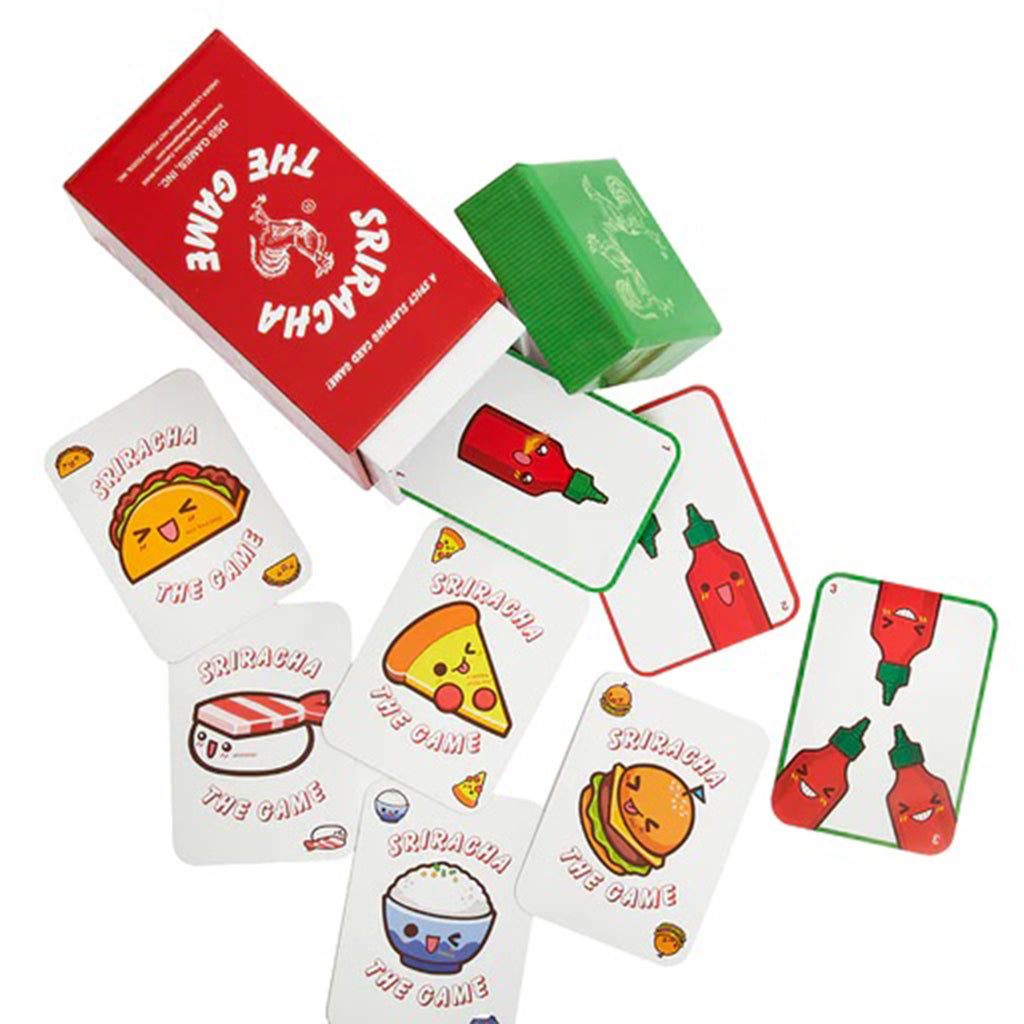 DSS Games Sriracha the Game, family card game sample cards with packaging that looks like a Sriracha bottle.