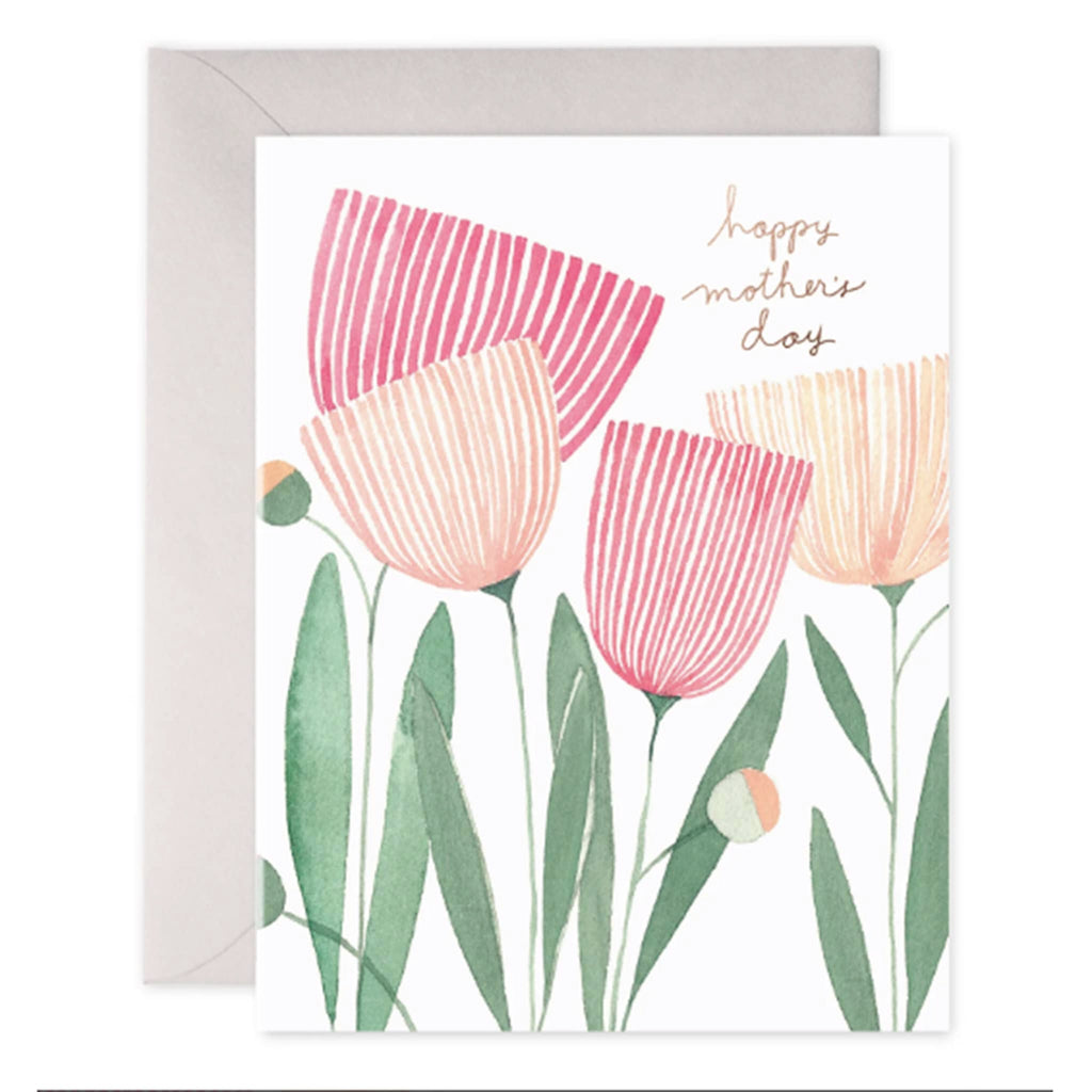 E. Frances Paper Blooms for Mom greeting card with pink flower illustration and "happy mother's day" in gold foil, front of card shown with a soft gray envelope.