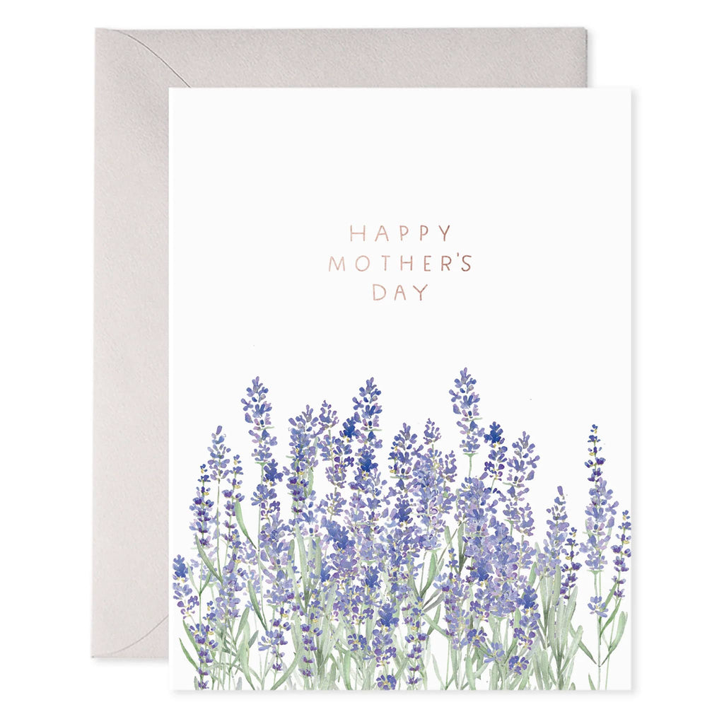 E. Frances Paper Lavender Mom greeting card with lavender flower illustration and "happy mother's day" in gold foil, front of card shown with a soft gray envelope.