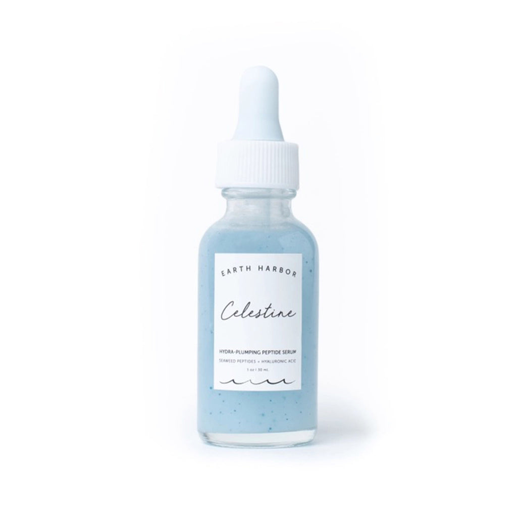 Earth Harbor Celestine Hydra-Plumping Peptide Serum in glass bottle with eyedropper, front view.