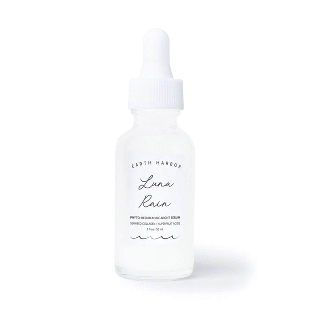 Earth Harbor Luna Rain Phyto-Resurfacing Night Serum in glass bottle with eyedropper, front view.