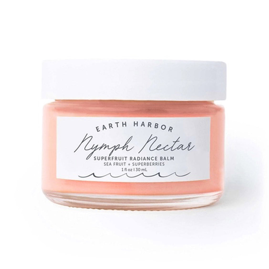 Earth Harbor Nymph Nectar Superfruit Radiance Balm in glass jar, front view.
