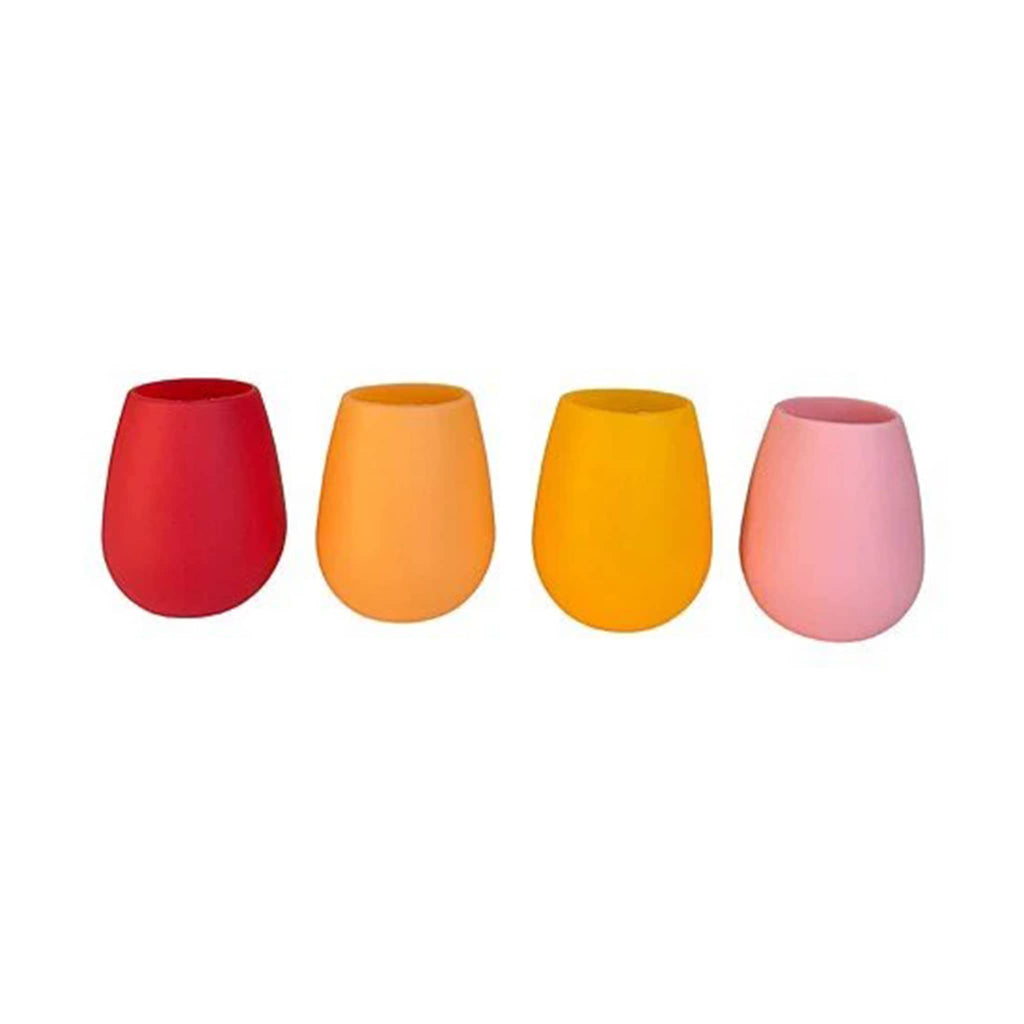 Fegg Sunset set of 4 unbreakable silicone stemless cups in red, peach, orange and pink.