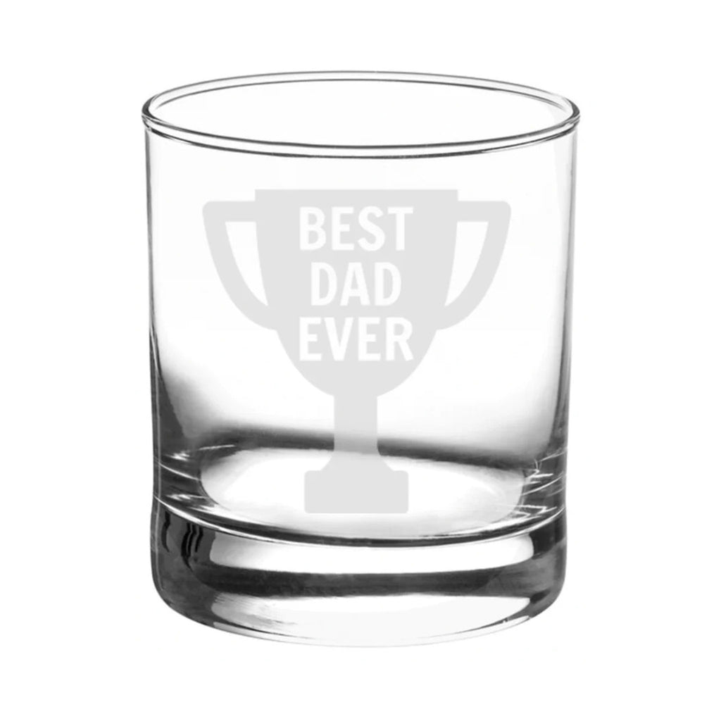 Friendlily Press Best Dad Ever Trophy Engraved Rocks Glass front view.