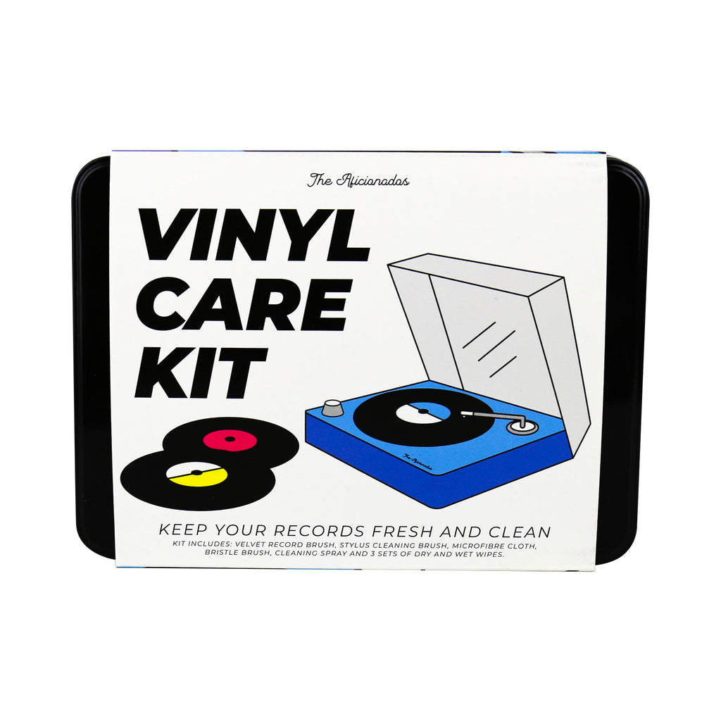 Gift Republic Vinyl Care Kit in black tin packaging, front view with illustrated label.
