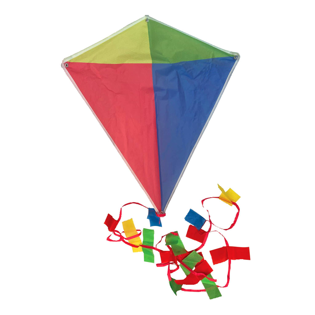 House of Marbles classic diamond shaped kite with yellow, green, red and blue color blocks and a red tail with colorful ribbons attached.