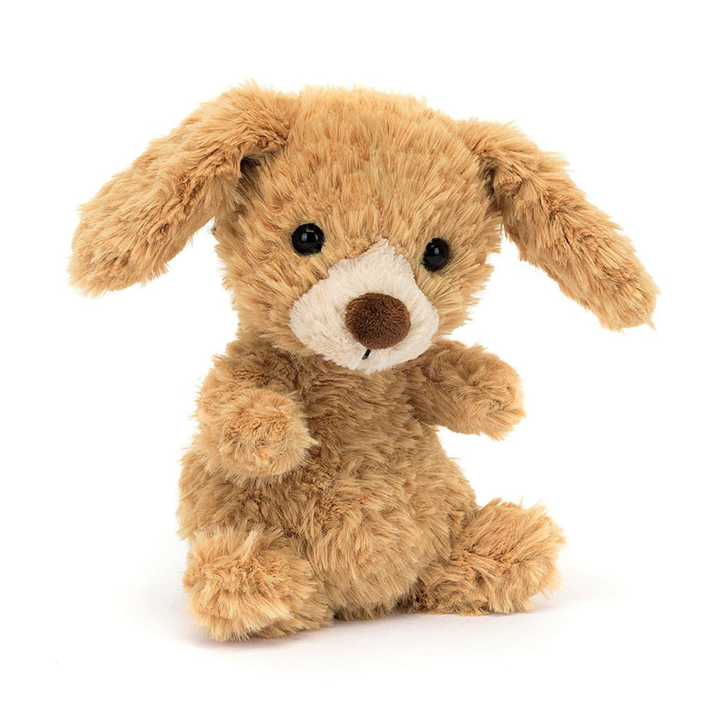 Jellycat Yummy Puppy plush toy with tan fur, black bead eyes and brown nose, front view.