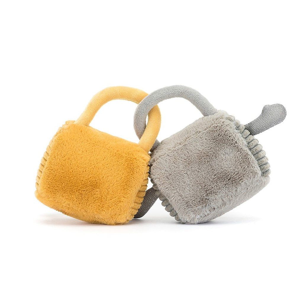 Jellycat Amuseable Love Locks plush toy, silver lock has arms and gold lock has legs, back view.