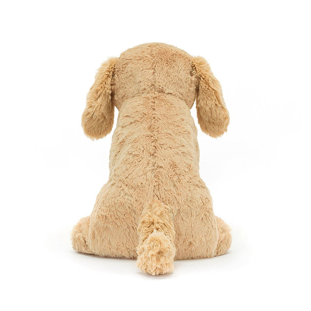 jellycat Tilly Golden Retriever plush toy with tan fur, black bead eyes and a black nose, back view.