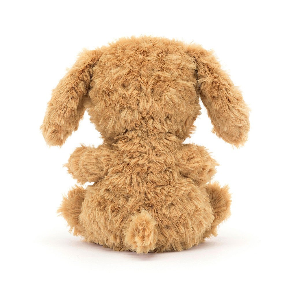 Jellycat Yummy Puppy plush toy with tan fur, black bead eyes and brown nose, back view.