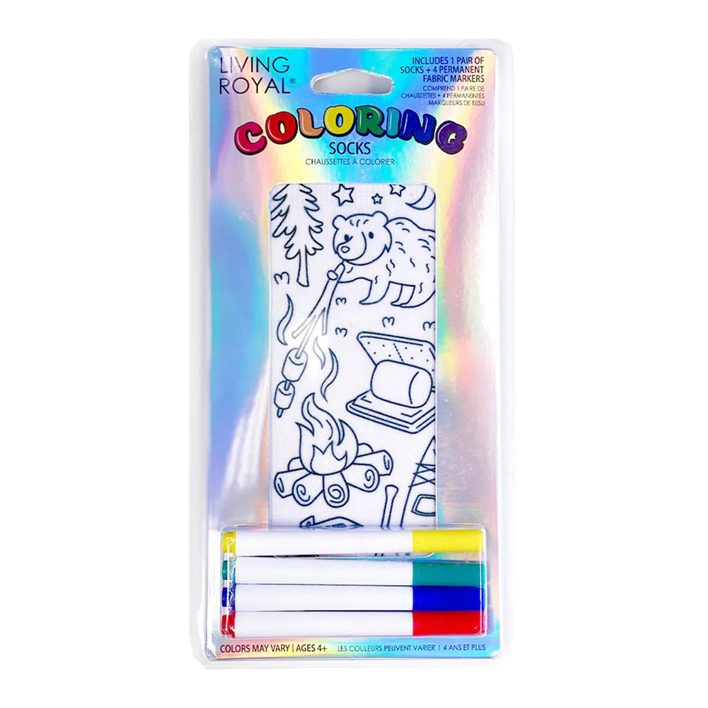 Living Royal Coloring Socks with a camping theme and 4 permanent markers in packaging.