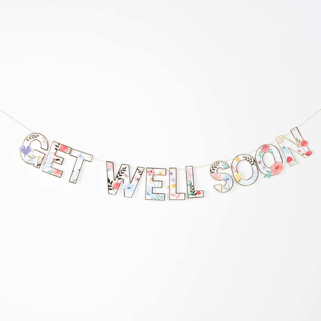 Meri Meri Get Well Soon Garland Card, garland stretched out to show all floral letters with gold foil border.