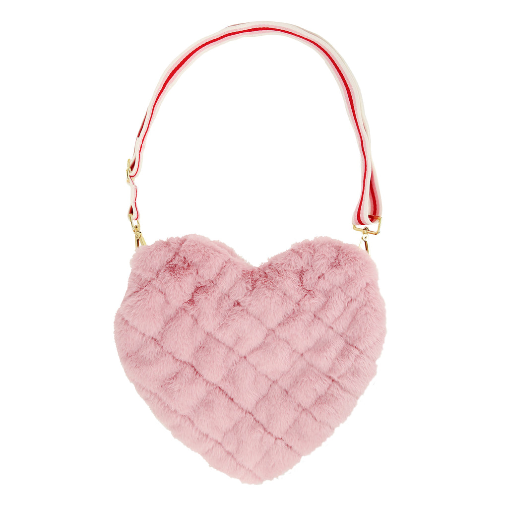 Meri Meri pink plush quilted heart shaped bag with red, pink and white striped web handle, front view.
