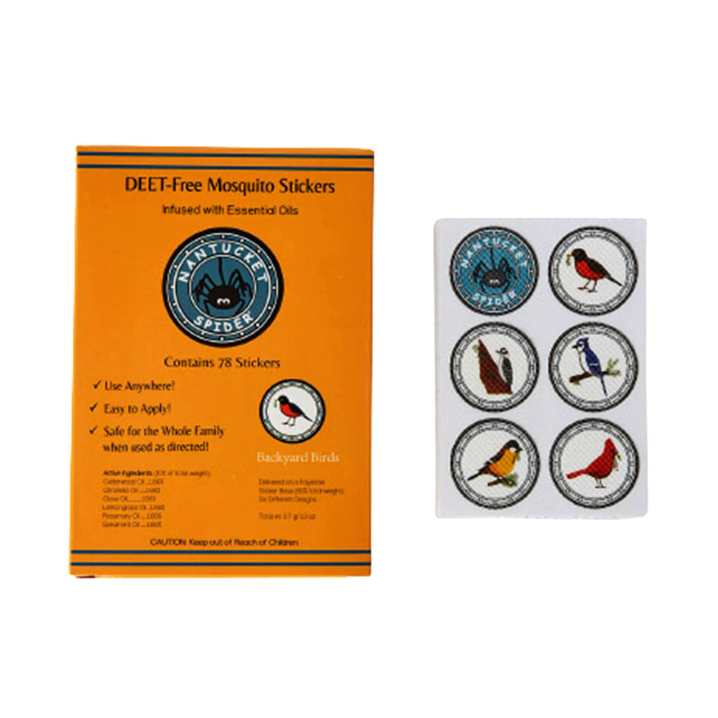 Nantucket Spider Deet-free essential oil infused mosquito repelling stickers with bird illustrations in orange box.