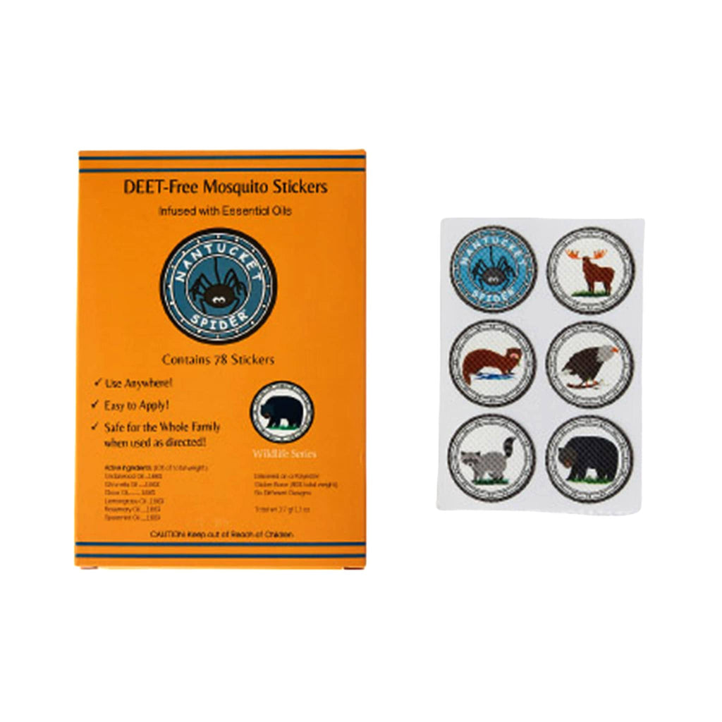 Nantucket Spider Deet-free essential oil infused mosquito repelling stickers with wildlife illustrations in orange box.
