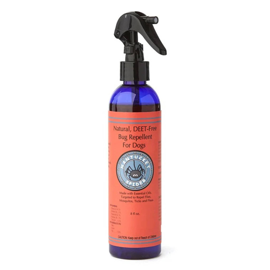 Nantucket Spider 8 ounce natural bug repellent spray for dogs in blue spray bottle with red label.