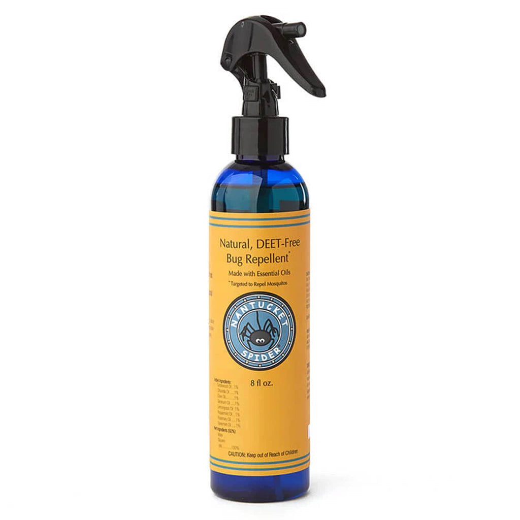 Nantucket Spider 8 ounce natural original bug repellent spray in blue spray bottle with yellow label.