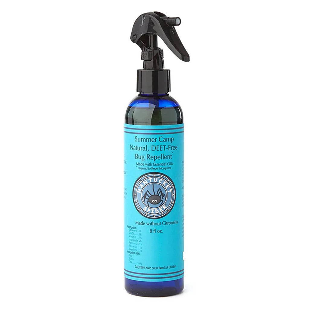 Nantucket Spider Summer Camp 8 ounce natural bug repellent spray without citronella in blue spray bottle with blue label.
