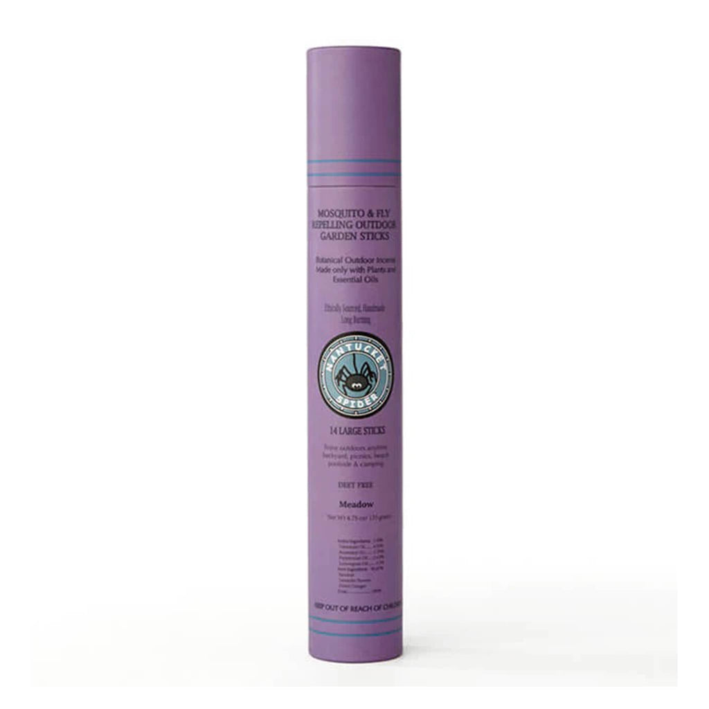 Nantucket Spider Meadow scented mosquito and fly repelling outdoor garden incense sticks in purple tube packaging.