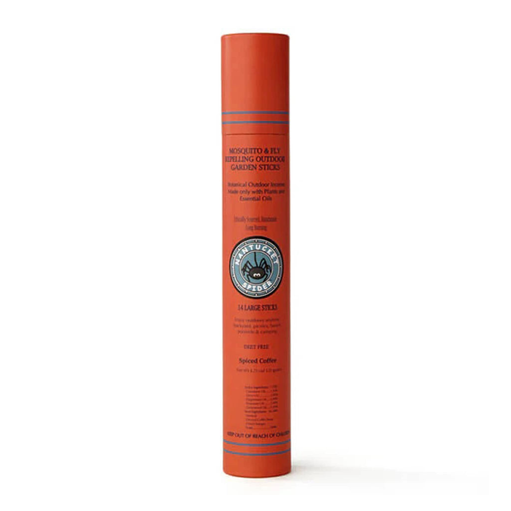 Nantucket Spider Spiced Coffee scented mosquito and fly repelling outdoor garden incense sticks in red tube packaging.