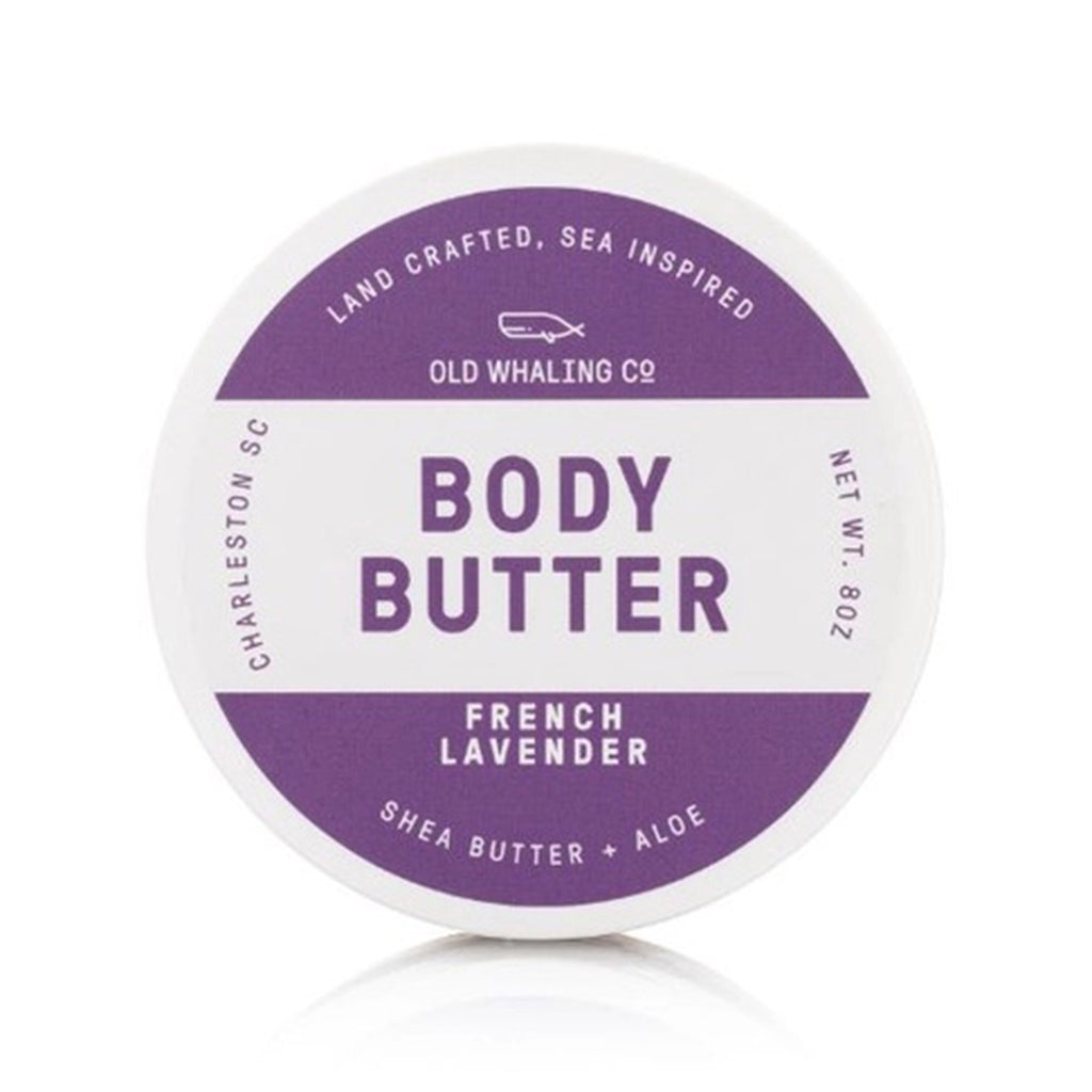 Old Whaling Company French Lavender scented body butter with shea butter and aloe in white and purple 8 ounce tub, top view.