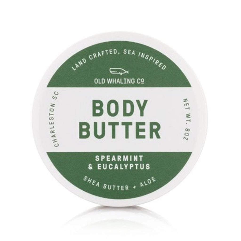 Old Whaling Company Spearmint and Eucalyptus scented body butter with shea butter and aloe in white and green 8 ounce tub, top view.