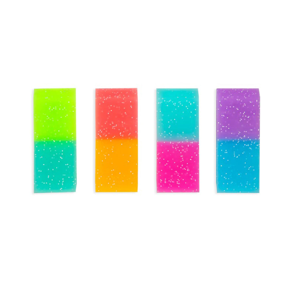Ooly Oh My Glitter! Jumbo Pencil Erasers in 4 color combos with glitter, top view.