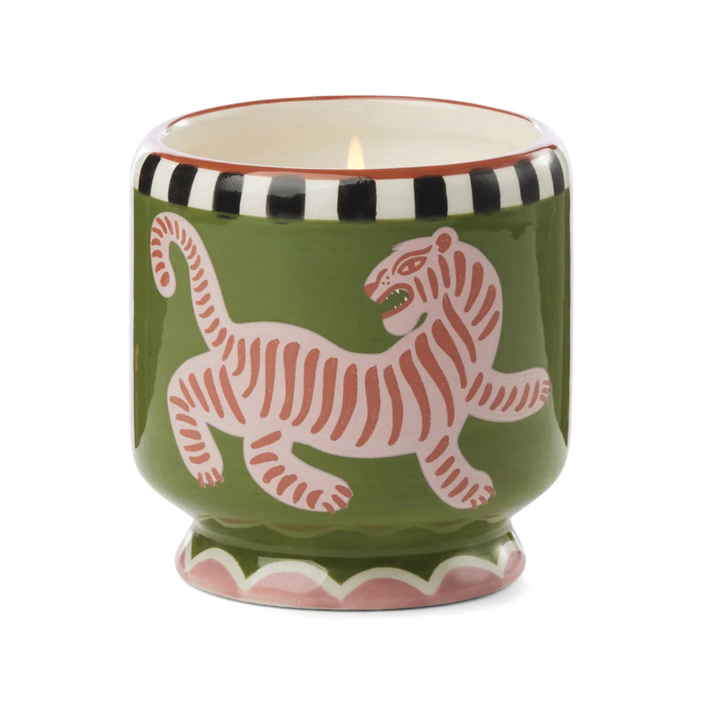 Paddywax A Dopo 8 ounce Black Cedar and Fig scented candle in a ceramic vessel hand painted with a pink tiger design.