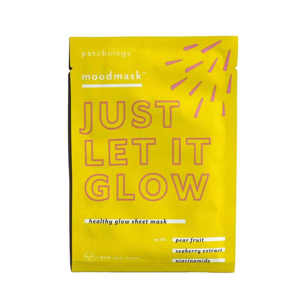 Patchology Moodmask Just Let it Glow Sheet Face Mask in yellow pouch packaging.