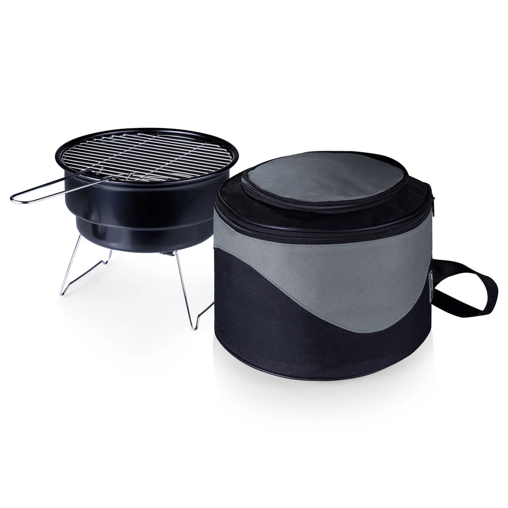 Picnic Time Caliente Portable Charcoal Grill and Cooler Tote in black and gray.